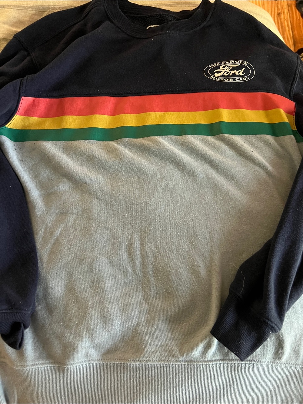 5/$10 item Ford Navy and Light Gray Crewneck Sweater with Multicolor Stripe